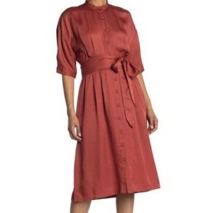SEA New York Button Front Waist Tie Dress Satin Rust Red
